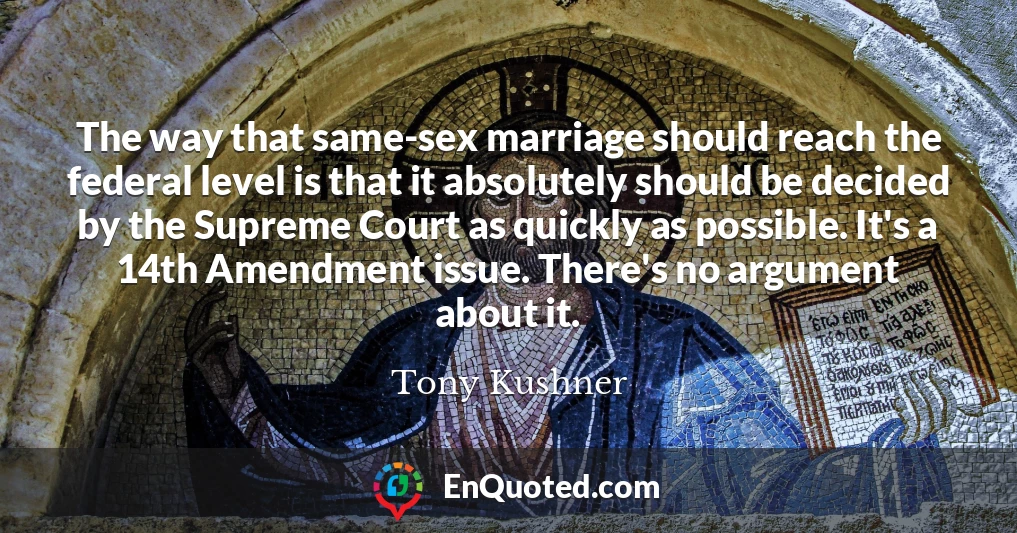 The way that same-sex marriage should reach the federal level is that it absolutely should be decided by the Supreme Court as quickly as possible. It's a 14th Amendment issue. There's no argument about it.