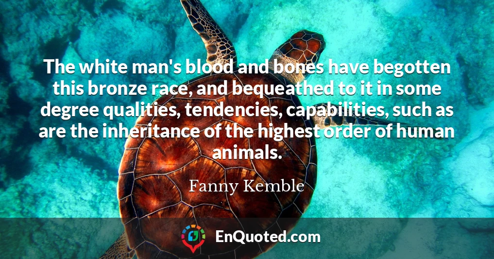 The white man's blood and bones have begotten this bronze race, and bequeathed to it in some degree qualities, tendencies, capabilities, such as are the inheritance of the highest order of human animals.