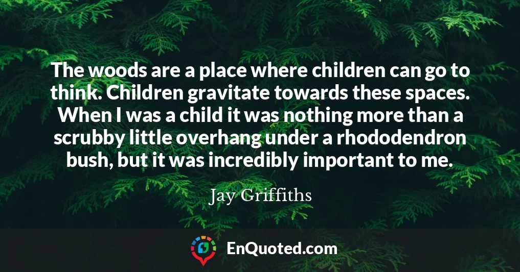 The woods are a place where children can go to think. Children gravitate towards these spaces. When I was a child it was nothing more than a scrubby little overhang under a rhododendron bush, but it was incredibly important to me.