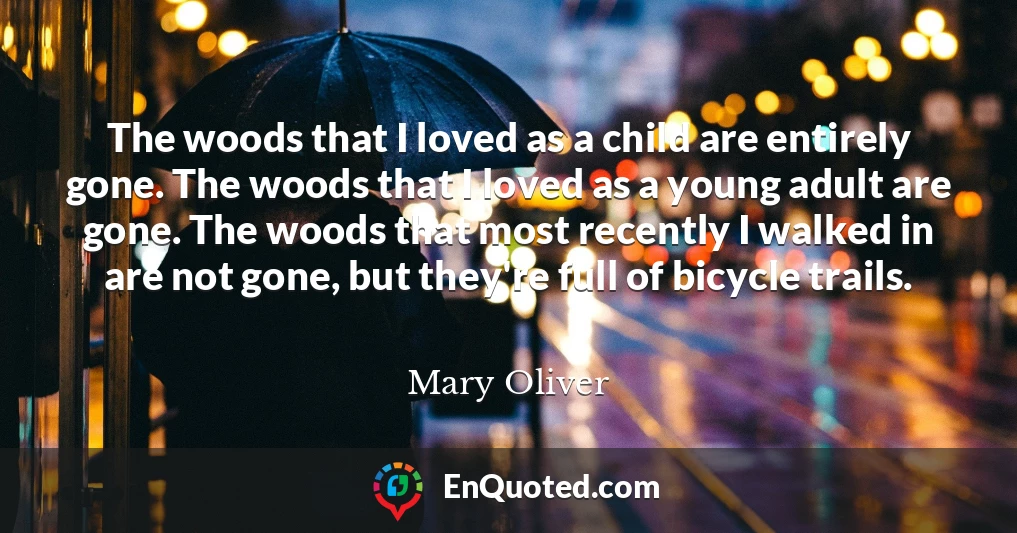 The woods that I loved as a child are entirely gone. The woods that I loved as a young adult are gone. The woods that most recently I walked in are not gone, but they're full of bicycle trails.