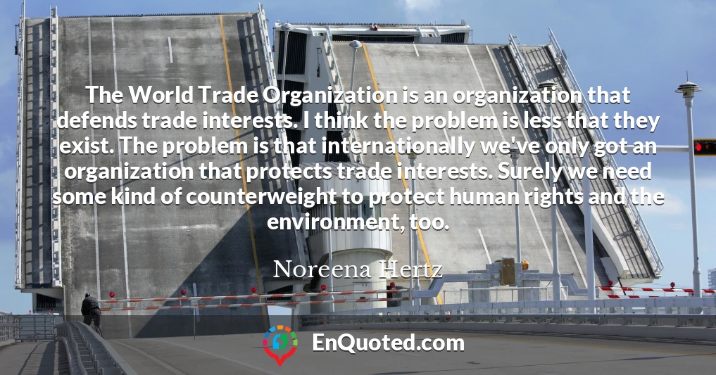 The World Trade Organization is an organization that defends trade interests. I think the problem is less that they exist. The problem is that internationally we've only got an organization that protects trade interests. Surely we need some kind of counterweight to protect human rights and the environment, too.