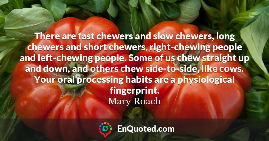 There are fast chewers and slow chewers, long chewers and short chewers, right-chewing people and left-chewing people. Some of us chew straight up and down, and others chew side-to-side, like cows. Your oral processing habits are a physiological fingerprint.