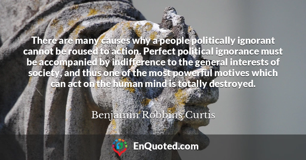 There are many causes why a people politically ignorant cannot be roused to action. Perfect political ignorance must be accompanied by indifference to the general interests of society, and thus one of the most powerful motives which can act on the human mind is totally destroyed.