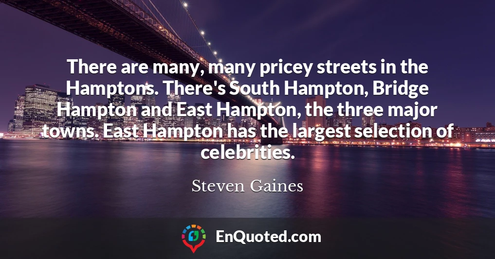There are many, many pricey streets in the Hamptons. There's South Hampton, Bridge Hampton and East Hampton, the three major towns. East Hampton has the largest selection of celebrities.
