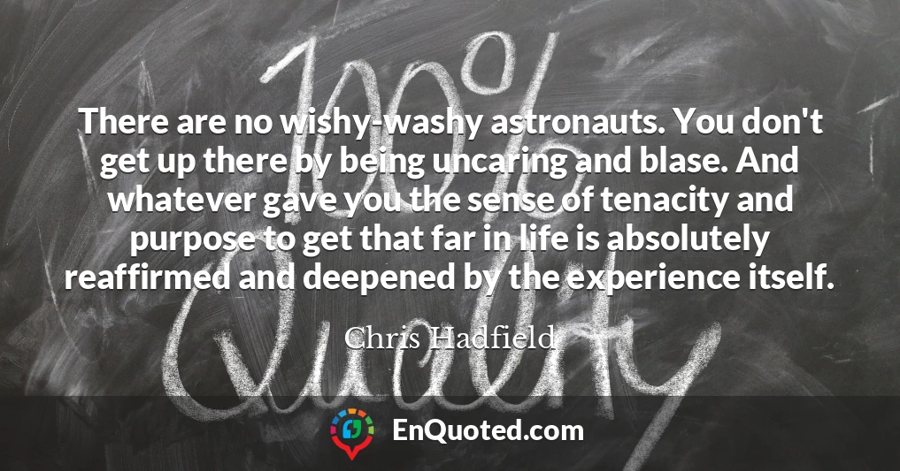 There are no wishy-washy astronauts. You don't get up there by being uncaring and blase. And whatever gave you the sense of tenacity and purpose to get that far in life is absolutely reaffirmed and deepened by the experience itself.