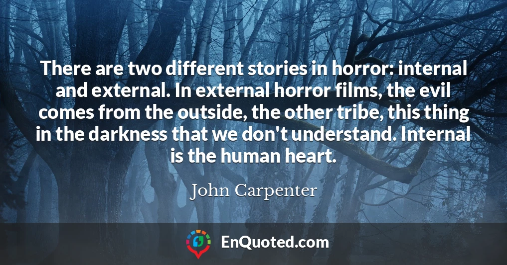 There are two different stories in horror: internal and external. In external horror films, the evil comes from the outside, the other tribe, this thing in the darkness that we don't understand. Internal is the human heart.