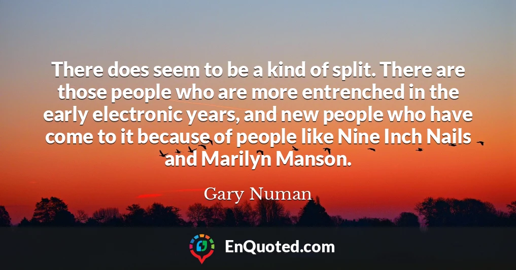 There does seem to be a kind of split. There are those people who are more entrenched in the early electronic years, and new people who have come to it because of people like Nine Inch Nails and Marilyn Manson.