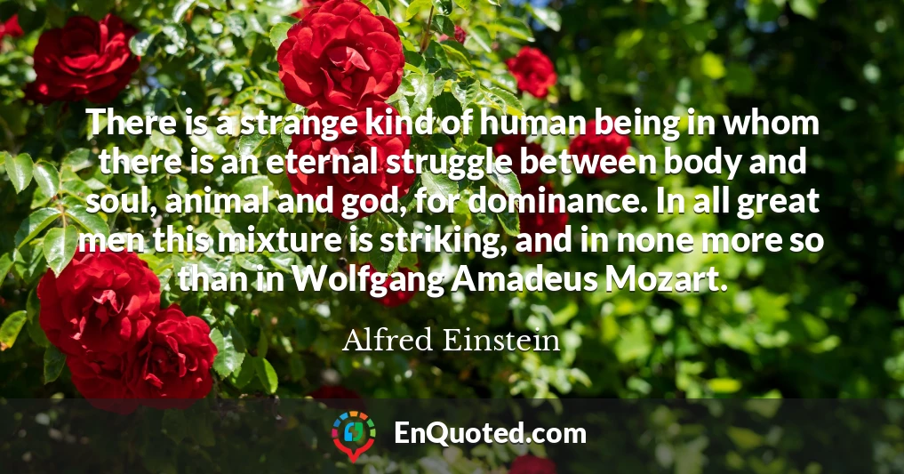 There is a strange kind of human being in whom there is an eternal struggle between body and soul, animal and god, for dominance. In all great men this mixture is striking, and in none more so than in Wolfgang Amadeus Mozart.