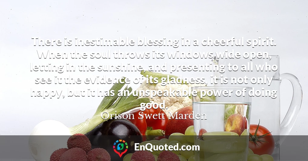 There is inestimable blessing in a cheerful spirit. When the soul throws its windows wide open, letting in the sunshine, and presenting to all who see it the evidence of its gladness, it is not only happy, but it has an unspeakable power of doing good.