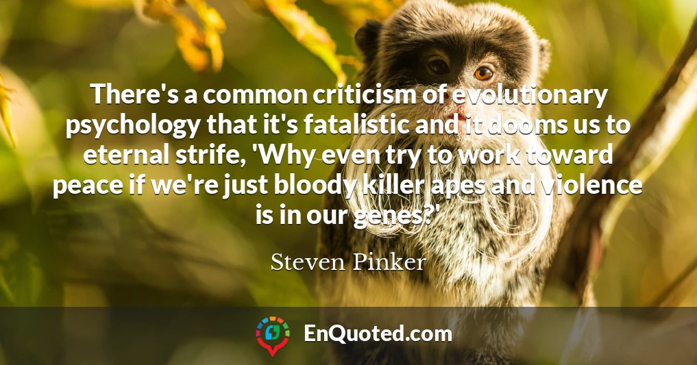 There's a common criticism of evolutionary psychology that it's fatalistic and it dooms us to eternal strife, 'Why even try to work toward peace if we're just bloody killer apes and violence is in our genes?'