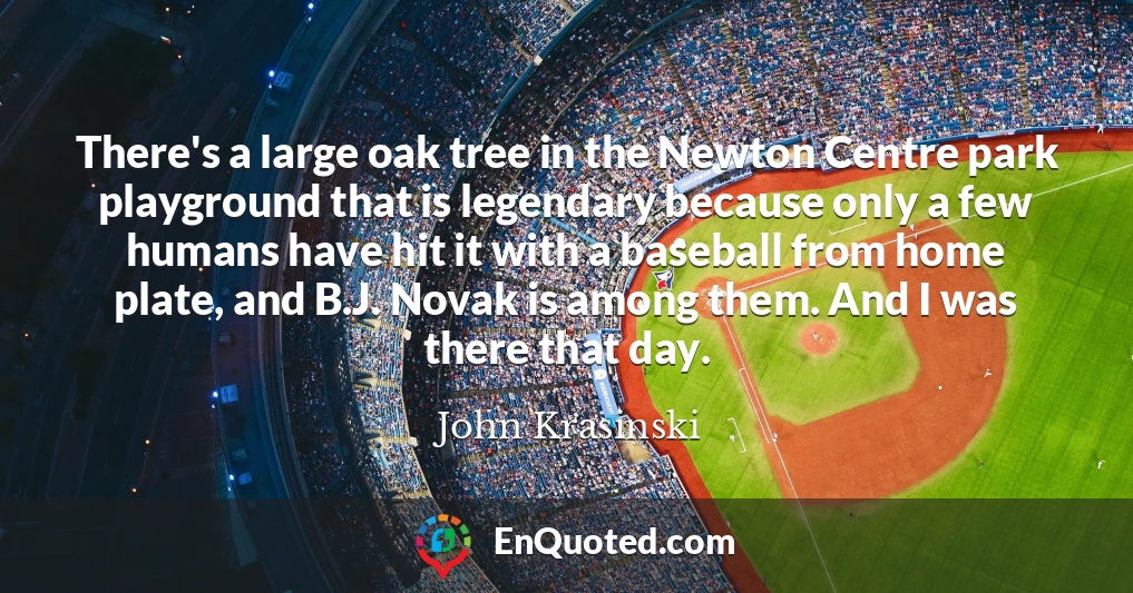 There's a large oak tree in the Newton Centre park playground that is legendary because only a few humans have hit it with a baseball from home plate, and B.J. Novak is among them. And I was there that day.