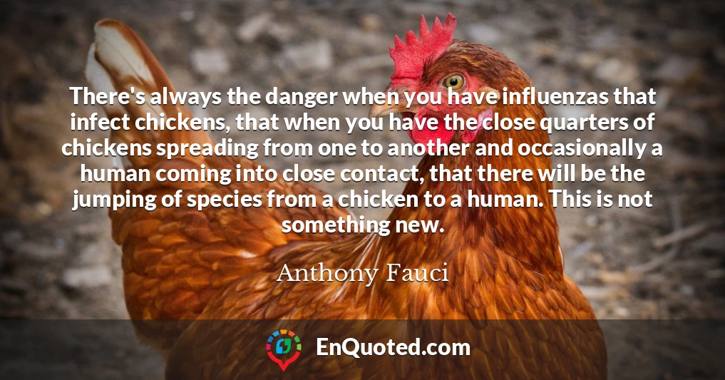There's always the danger when you have influenzas that infect chickens, that when you have the close quarters of chickens spreading from one to another and occasionally a human coming into close contact, that there will be the jumping of species from a chicken to a human. This is not something new.