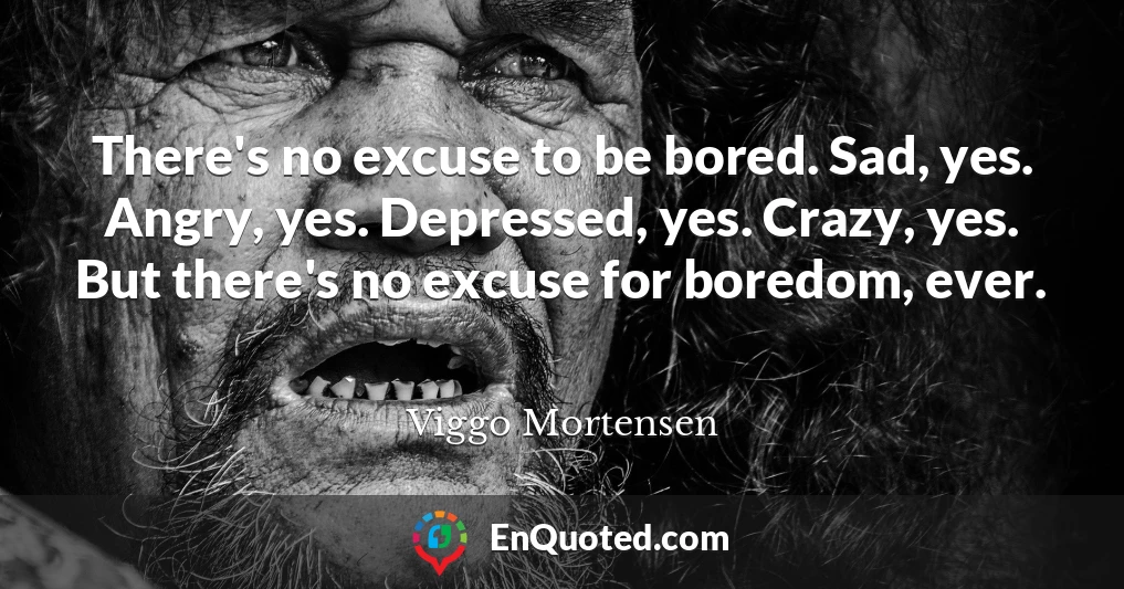 There's no excuse to be bored. Sad, yes. Angry, yes. Depressed, yes. Crazy, yes. But there's no excuse for boredom, ever.