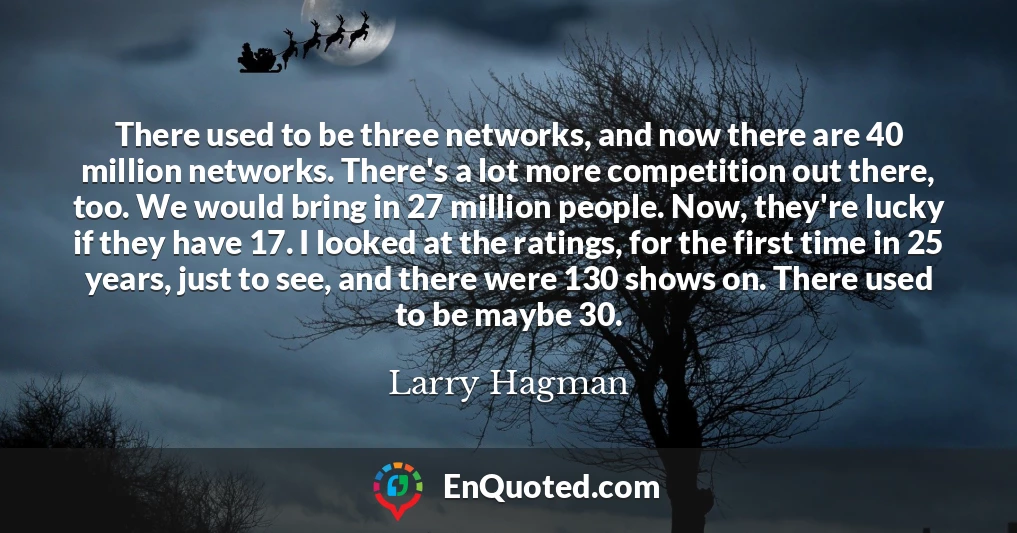 There used to be three networks, and now there are 40 million networks. There's a lot more competition out there, too. We would bring in 27 million people. Now, they're lucky if they have 17. I looked at the ratings, for the first time in 25 years, just to see, and there were 130 shows on. There used to be maybe 30.