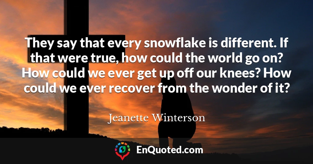 They say that every snowflake is different. If that were true, how could the world go on? How could we ever get up off our knees? How could we ever recover from the wonder of it?