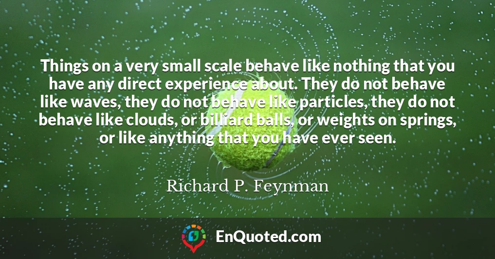 Things on a very small scale behave like nothing that you have any direct experience about. They do not behave like waves, they do not behave like particles, they do not behave like clouds, or billiard balls, or weights on springs, or like anything that you have ever seen.