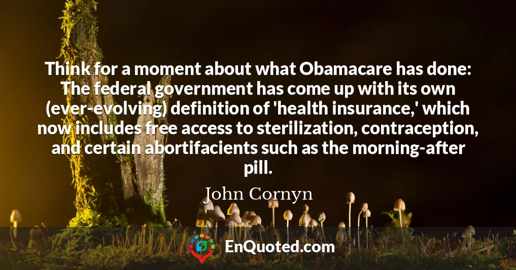 Think for a moment about what Obamacare has done: The federal government has come up with its own (ever-evolving) definition of 'health insurance,' which now includes free access to sterilization, contraception, and certain abortifacients such as the morning-after pill.