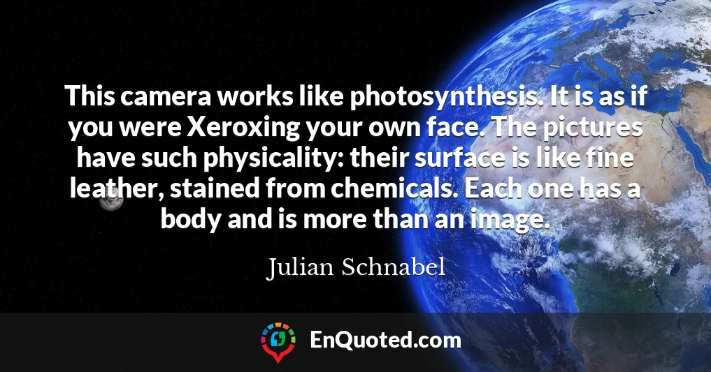 This camera works like photosynthesis. It is as if you were Xeroxing your own face. The pictures have such physicality: their surface is like fine leather, stained from chemicals. Each one has a body and is more than an image.
