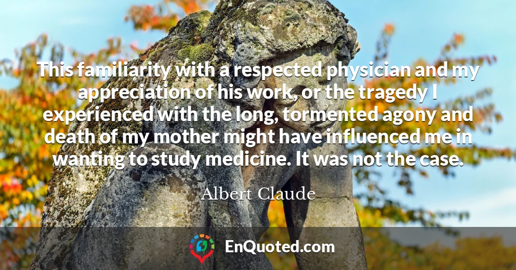 This familiarity with a respected physician and my appreciation of his work, or the tragedy I experienced with the long, tormented agony and death of my mother might have influenced me in wanting to study medicine. It was not the case.