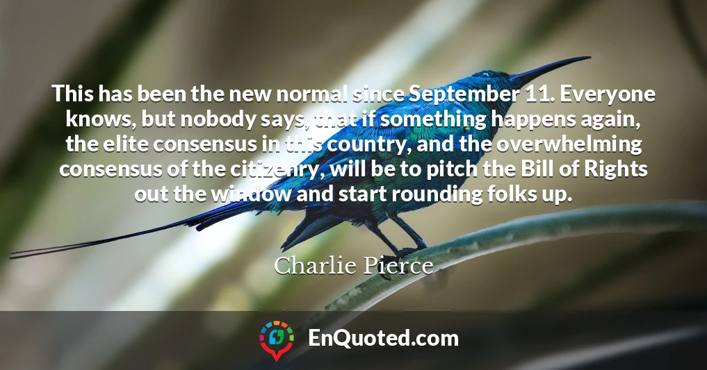 This has been the new normal since September 11. Everyone knows, but nobody says, that if something happens again, the elite consensus in this country, and the overwhelming consensus of the citizenry, will be to pitch the Bill of Rights out the window and start rounding folks up.