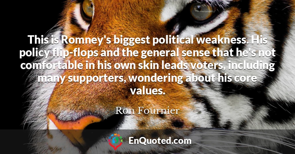This is Romney's biggest political weakness. His policy flip-flops and the general sense that he's not comfortable in his own skin leads voters, including many supporters, wondering about his core values.
