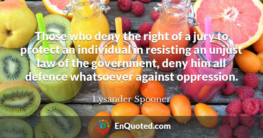 Those who deny the right of a jury to protect an individual in resisting an unjust law of the government, deny him all defence whatsoever against oppression.