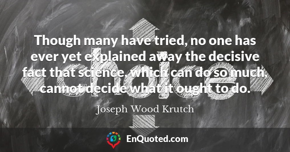 Though many have tried, no one has ever yet explained away the decisive fact that science, which can do so much, cannot decide what it ought to do.