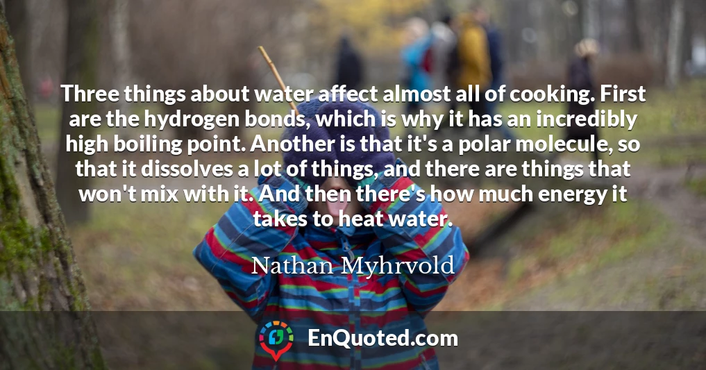 Three things about water affect almost all of cooking. First are the hydrogen bonds, which is why it has an incredibly high boiling point. Another is that it's a polar molecule, so that it dissolves a lot of things, and there are things that won't mix with it. And then there's how much energy it takes to heat water.