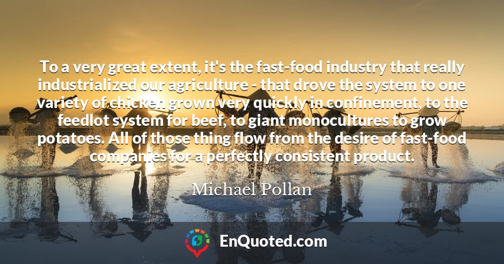 To a very great extent, it's the fast-food industry that really industrialized our agriculture - that drove the system to one variety of chicken grown very quickly in confinement, to the feedlot system for beef, to giant monocultures to grow potatoes. All of those thing flow from the desire of fast-food companies for a perfectly consistent product.