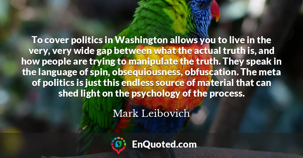 To cover politics in Washington allows you to live in the very, very wide gap between what the actual truth is, and how people are trying to manipulate the truth. They speak in the language of spin, obsequiousness, obfuscation. The meta of politics is just this endless source of material that can shed light on the psychology of the process.