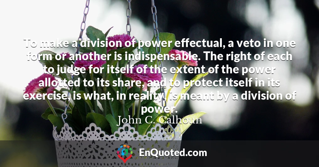 To make a division of power effectual, a veto in one form or another is indispensable. The right of each to judge for itself of the extent of the power allotted to its share, and to protect itself in its exercise, is what, in reality, is meant by a division of power.