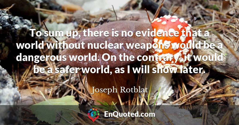 To sum up, there is no evidence that a world without nuclear weapons would be a dangerous world. On the contrary, it would be a safer world, as I will show later.