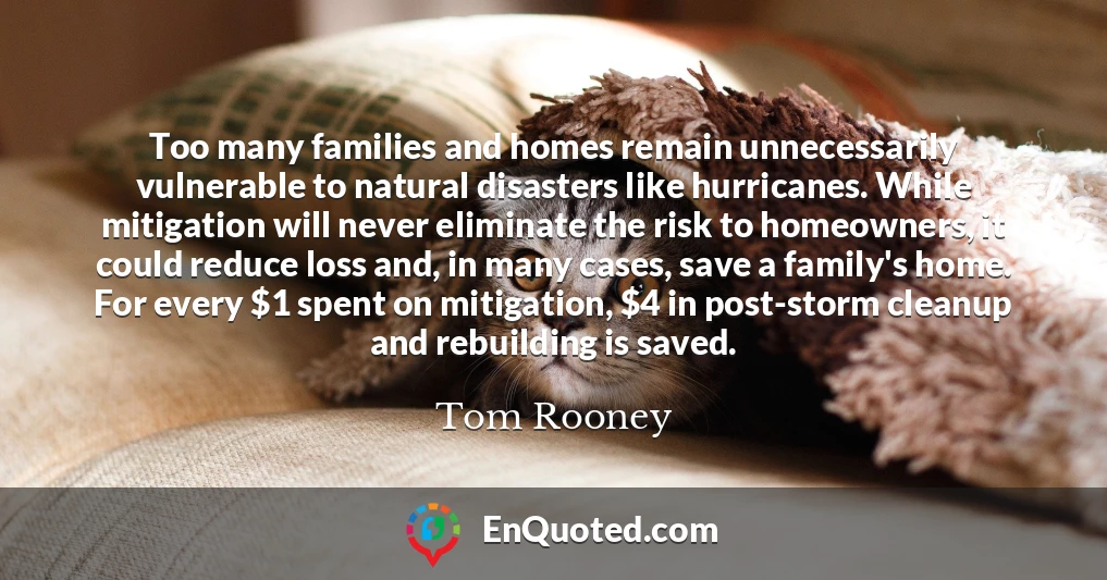 Too many families and homes remain unnecessarily vulnerable to natural disasters like hurricanes. While mitigation will never eliminate the risk to homeowners, it could reduce loss and, in many cases, save a family's home. For every $1 spent on mitigation, $4 in post-storm cleanup and rebuilding is saved.