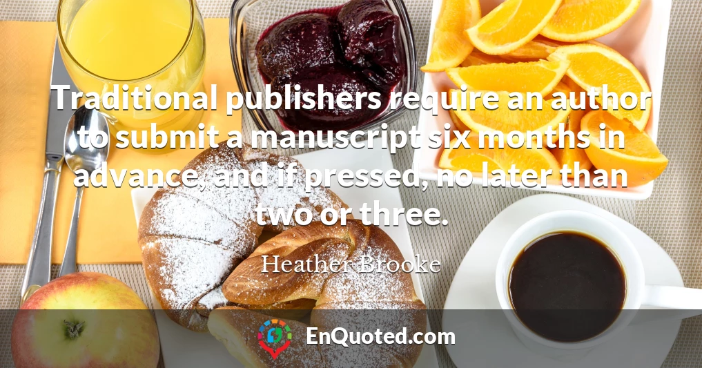 Traditional publishers require an author to submit a manuscript six months in advance, and if pressed, no later than two or three.