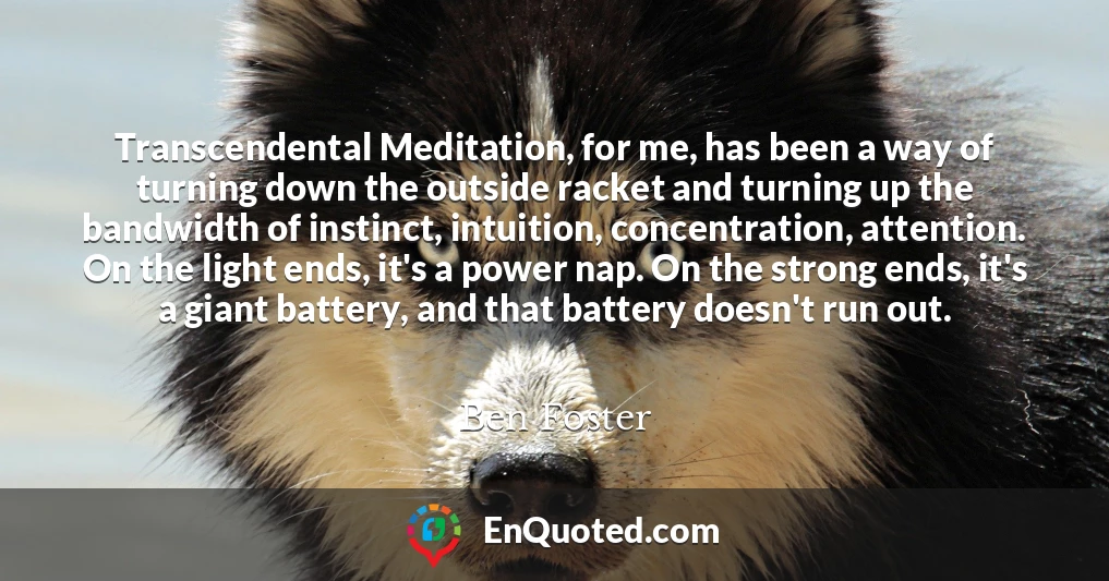 Transcendental Meditation, for me, has been a way of turning down the outside racket and turning up the bandwidth of instinct, intuition, concentration, attention. On the light ends, it's a power nap. On the strong ends, it's a giant battery, and that battery doesn't run out.