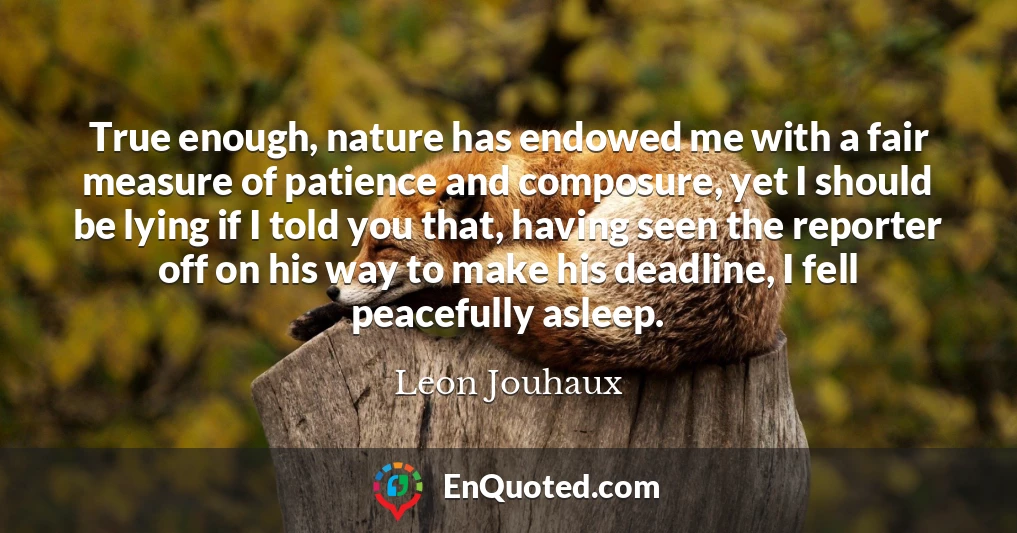 True enough, nature has endowed me with a fair measure of patience and composure, yet I should be lying if I told you that, having seen the reporter off on his way to make his deadline, I fell peacefully asleep.