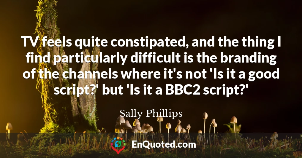 TV feels quite constipated, and the thing I find particularly difficult is the branding of the channels where it's not 'Is it a good script?' but 'Is it a BBC2 script?'