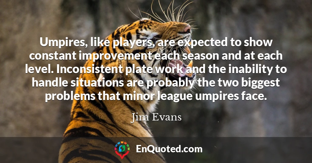 Umpires, like players, are expected to show constant improvement each season and at each level. Inconsistent plate work and the inability to handle situations are probably the two biggest problems that minor league umpires face.