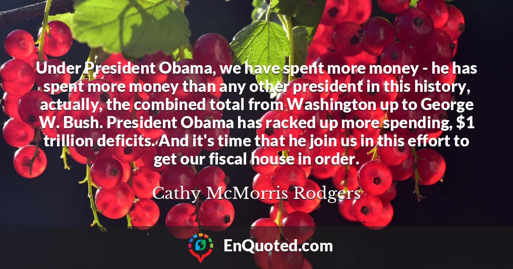 Under President Obama, we have spent more money - he has spent more money than any other president in this history, actually, the combined total from Washington up to George W. Bush. President Obama has racked up more spending, $1 trillion deficits. And it's time that he join us in this effort to get our fiscal house in order.