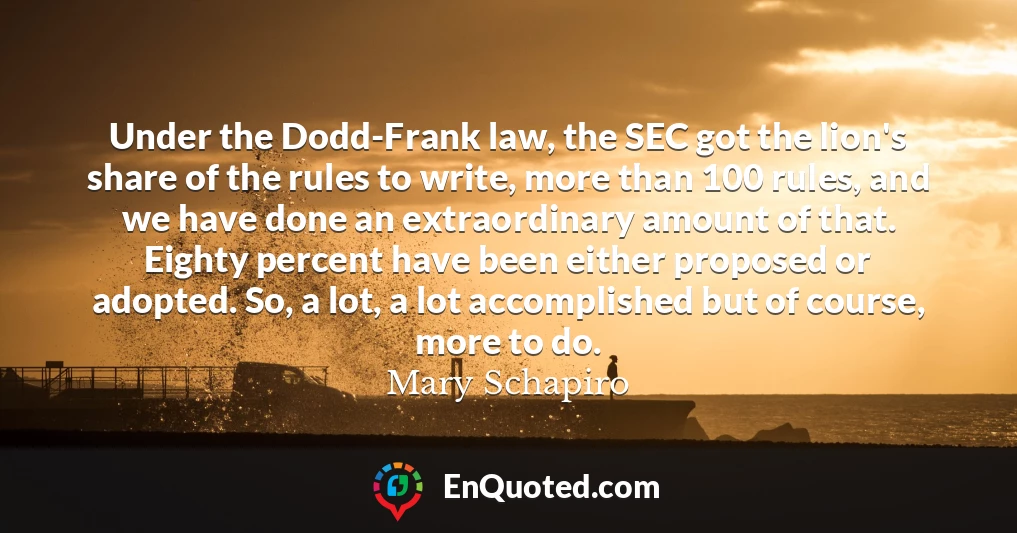 Under the Dodd-Frank law, the SEC got the lion's share of the rules to write, more than 100 rules, and we have done an extraordinary amount of that. Eighty percent have been either proposed or adopted. So, a lot, a lot accomplished but of course, more to do.