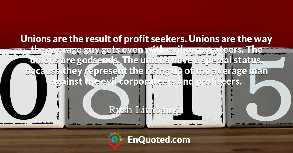 Unions are the result of profit seekers. Unions are the way the average guy gets even with evil corporateers. The unions are godsends. The unions have a special status, because they represent the rising up of the average man against the evil corporateers and profiteers.