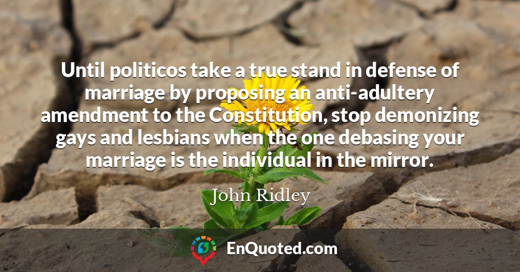 Until politicos take a true stand in defense of marriage by proposing an anti-adultery amendment to the Constitution, stop demonizing gays and lesbians when the one debasing your marriage is the individual in the mirror.