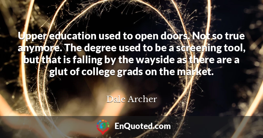 Upper education used to open doors. Not so true anymore. The degree used to be a screening tool, but that is falling by the wayside as there are a glut of college grads on the market.