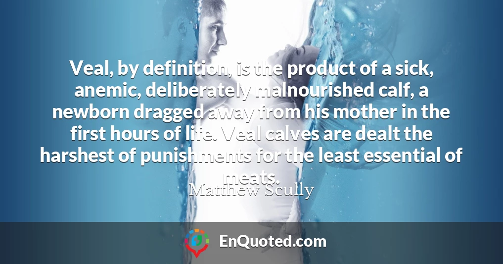 Veal, by definition, is the product of a sick, anemic, deliberately malnourished calf, a newborn dragged away from his mother in the first hours of life. Veal calves are dealt the harshest of punishments for the least essential of meats.