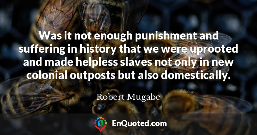 Was it not enough punishment and suffering in history that we were uprooted and made helpless slaves not only in new colonial outposts but also domestically.