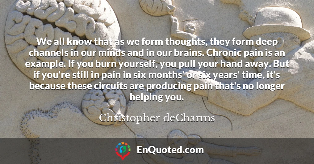We all know that as we form thoughts, they form deep channels in our minds and in our brains. Chronic pain is an example. If you burn yourself, you pull your hand away. But if you're still in pain in six months' or six years' time, it's because these circuits are producing pain that's no longer helping you.