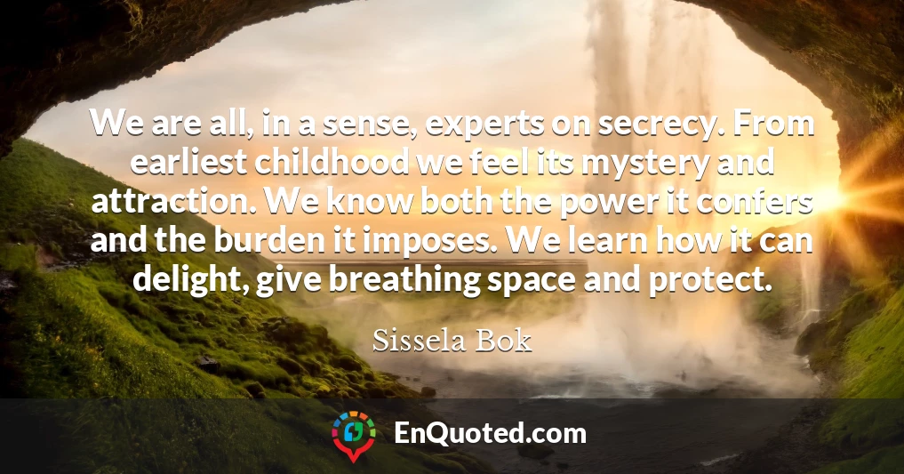 We are all, in a sense, experts on secrecy. From earliest childhood we feel its mystery and attraction. We know both the power it confers and the burden it imposes. We learn how it can delight, give breathing space and protect.