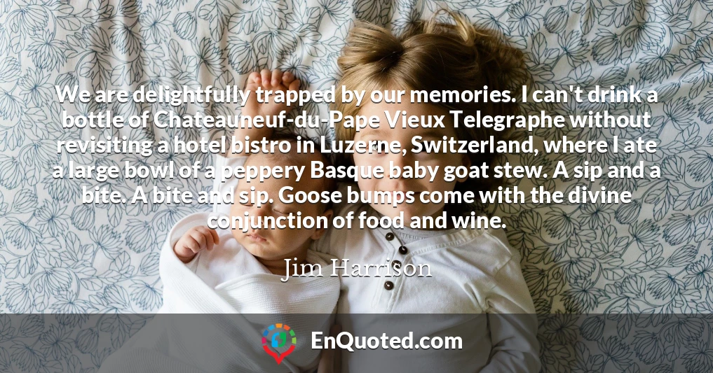 We are delightfully trapped by our memories. I can't drink a bottle of Chateauneuf-du-Pape Vieux Telegraphe without revisiting a hotel bistro in Luzerne, Switzerland, where I ate a large bowl of a peppery Basque baby goat stew. A sip and a bite. A bite and sip. Goose bumps come with the divine conjunction of food and wine.