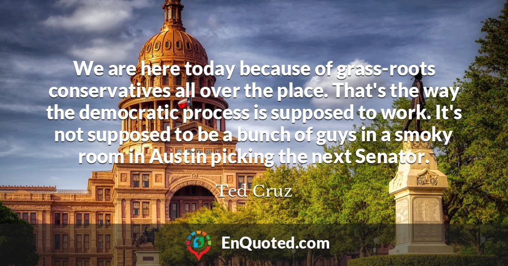 We are here today because of grass-roots conservatives all over the place. That's the way the democratic process is supposed to work. It's not supposed to be a bunch of guys in a smoky room in Austin picking the next Senator.