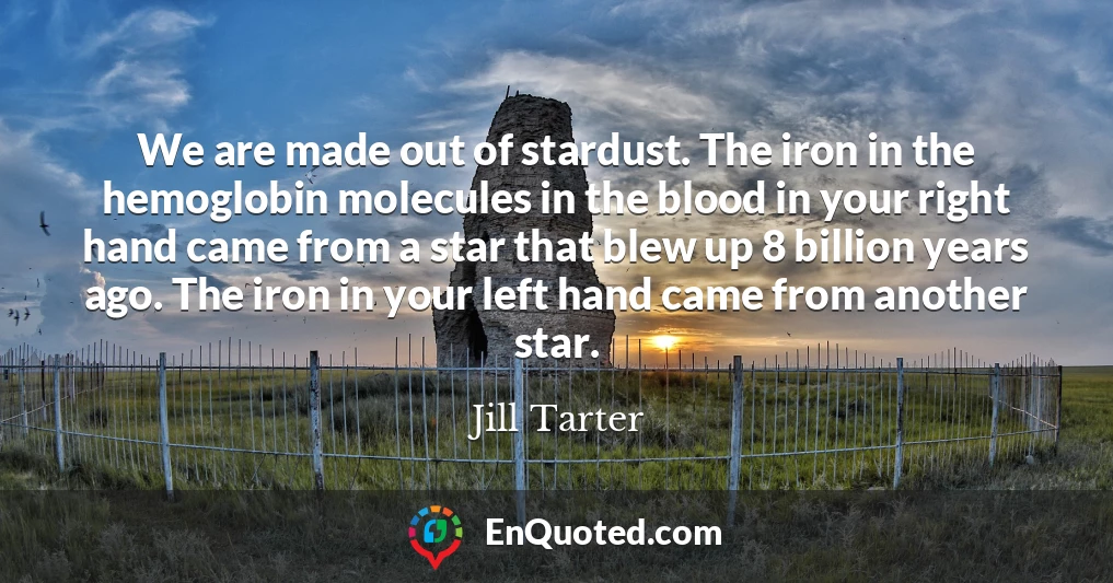 We are made out of stardust. The iron in the hemoglobin molecules in the blood in your right hand came from a star that blew up 8 billion years ago. The iron in your left hand came from another star.